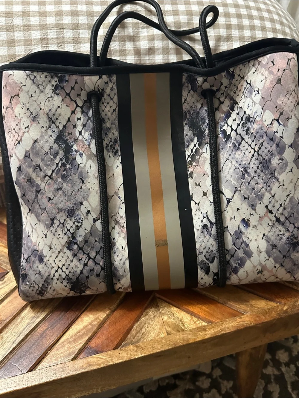 Striped Snake-Print Duffel Bag with Pouch - Black, Tan, Gray